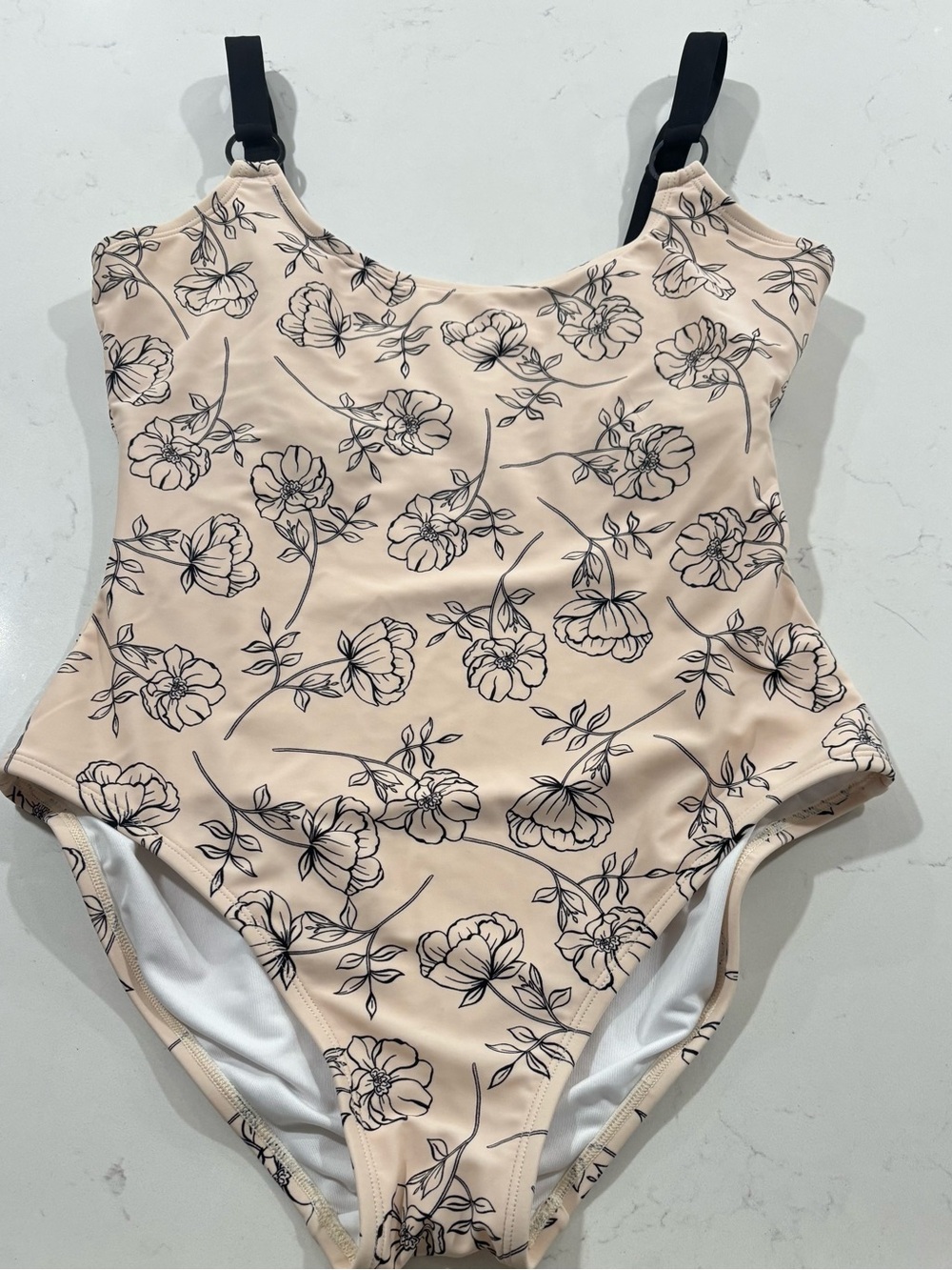 😍Calvin Klein Cream One-Piece Swimsuit with Black Floral Print Medium